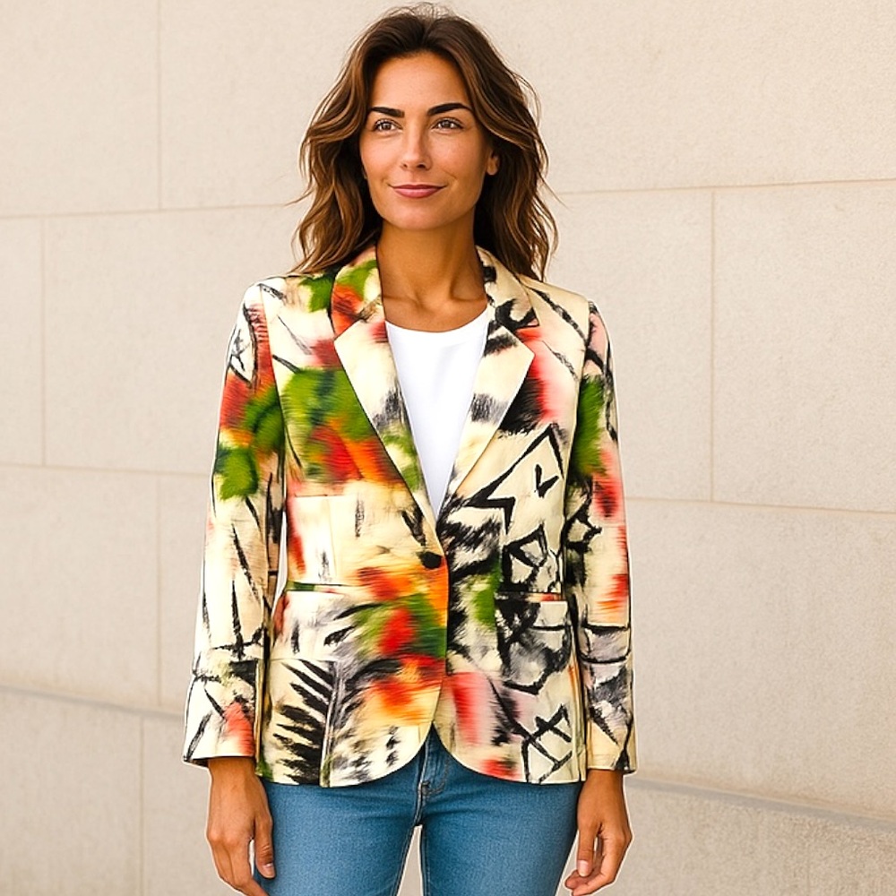 Angel Apparel Vibrant Graphic Abstract Art Jacket Blazer Size S NWOT